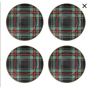 NEW Mackenzie Childs Tartan Black Salad|Dessert Plate Set of 4
